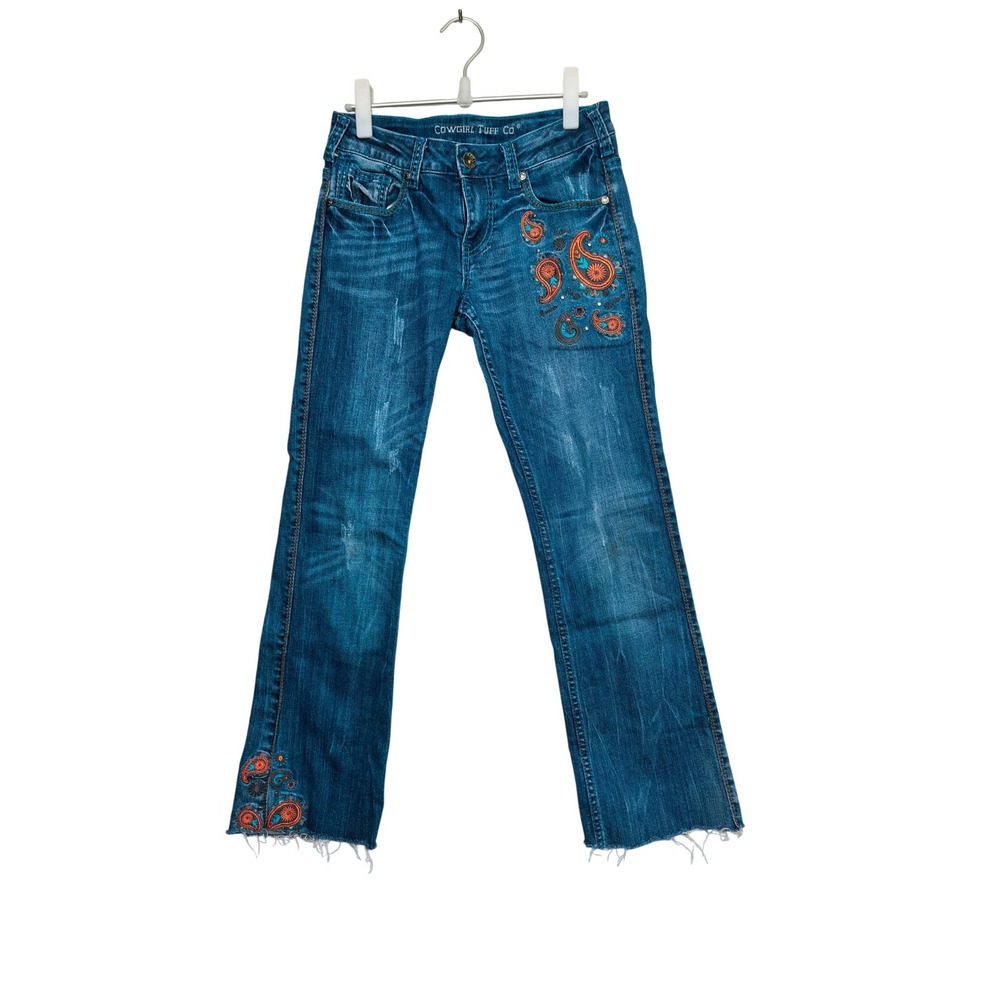 Cowgirl Tuff Co Embroidered Paisley Jeans Blue Denim W27 L35 Raw Hem Studded